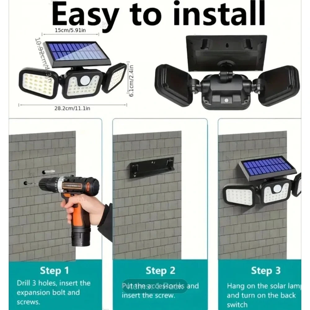 2400 mA Solar Lights Outdoor with Motion Sensor,3 Head 270° Wide Angle Street